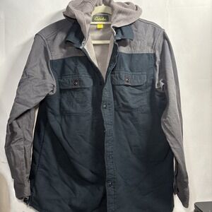 Men's Large Cabela's Blue Gray fleece-lined shirt jacket with Hood And Pockets
